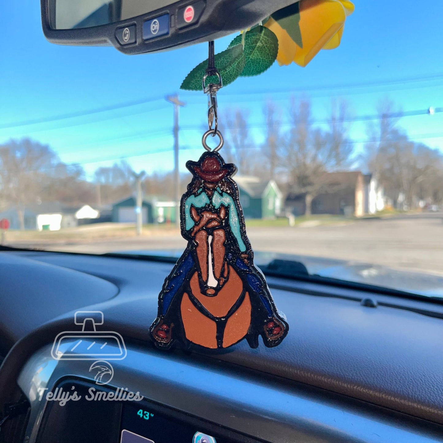 Cowgirl (dark skin/sable hair) on horse (Chestnut) Car Freshener
