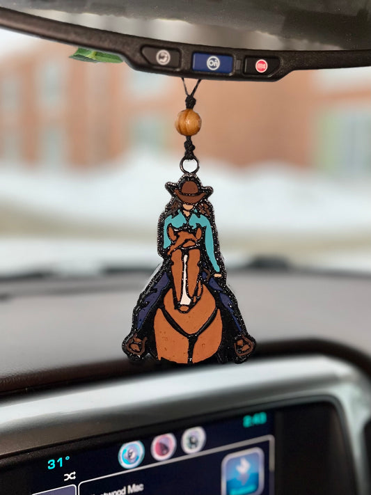 Cowgirl (brunette) on horse (Chestnut) Car Freshener