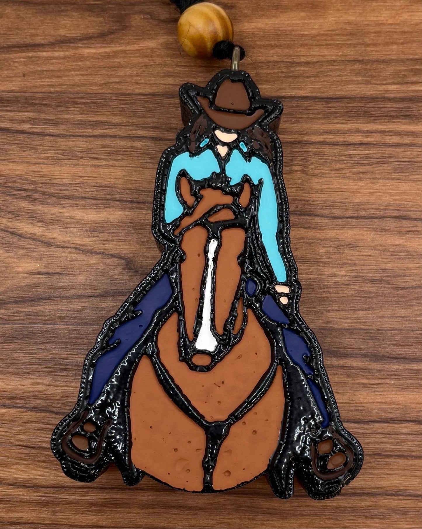 Cowgirl (brunette) on horse (Chestnut) Car Freshener