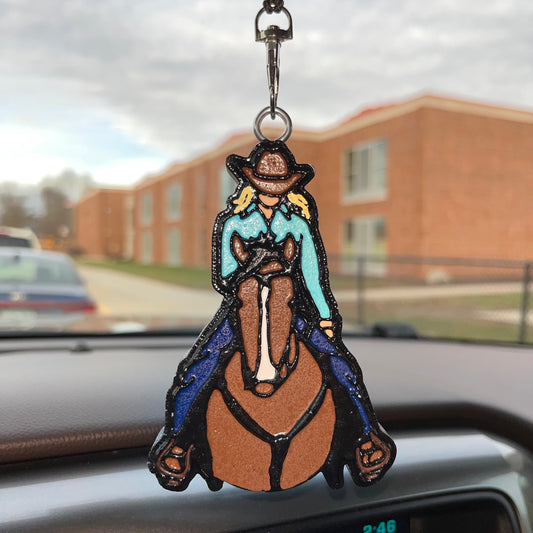 Cowgirl (blonde) on horse (bay) Car Freshener