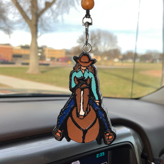 Cowgirl brunette on horse bay Car Freshener