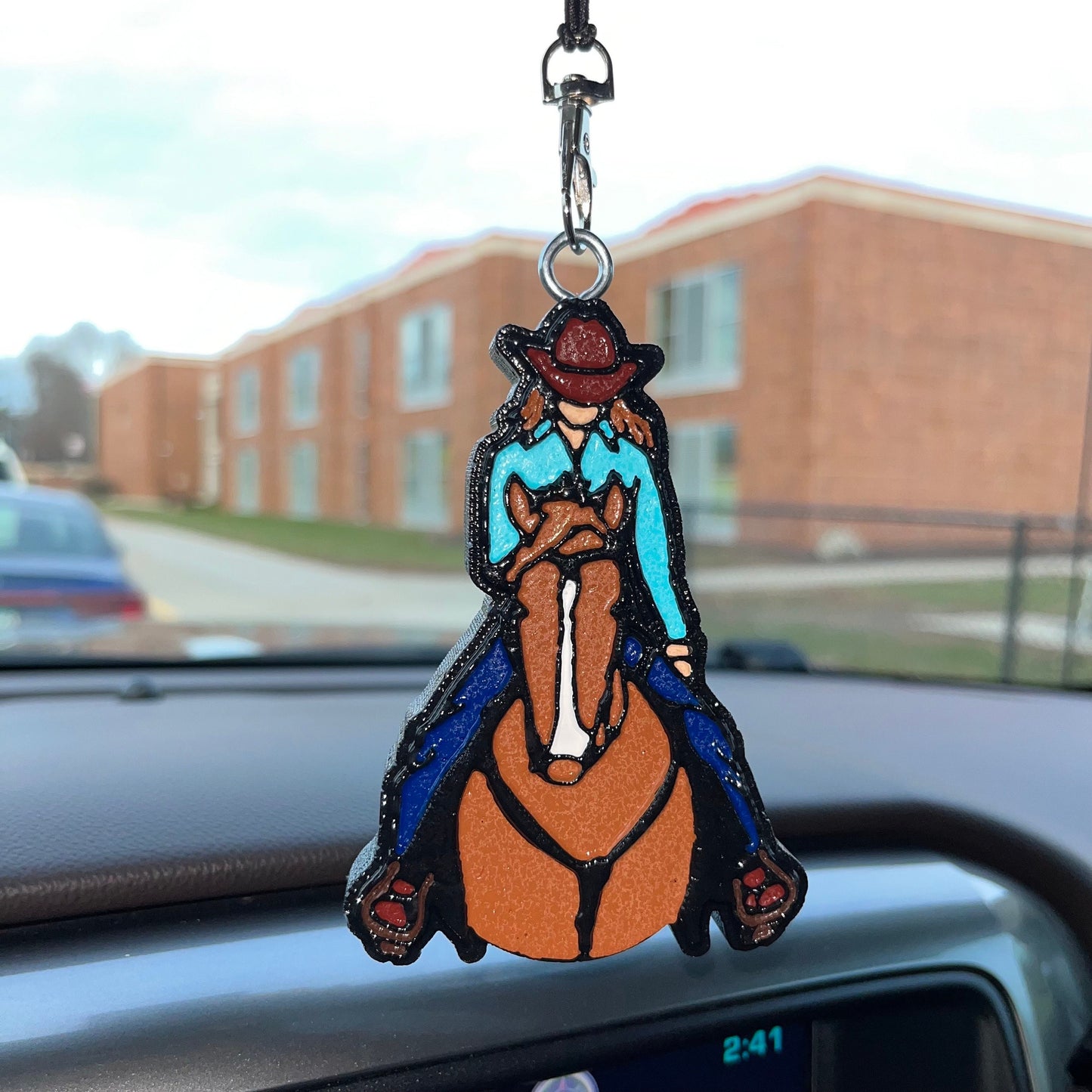 Cowgirl (red head) on horse (Chestnut) Car Freshener