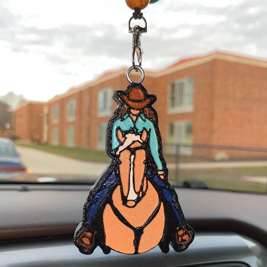 Cowgirl (brunette) on horse (palomino) Car Freshener