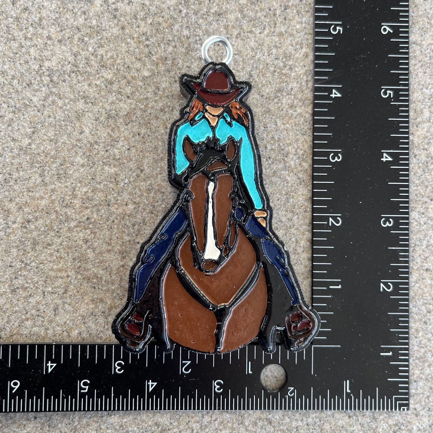 Cowgirl (red head) on horse (bay) Car Freshener